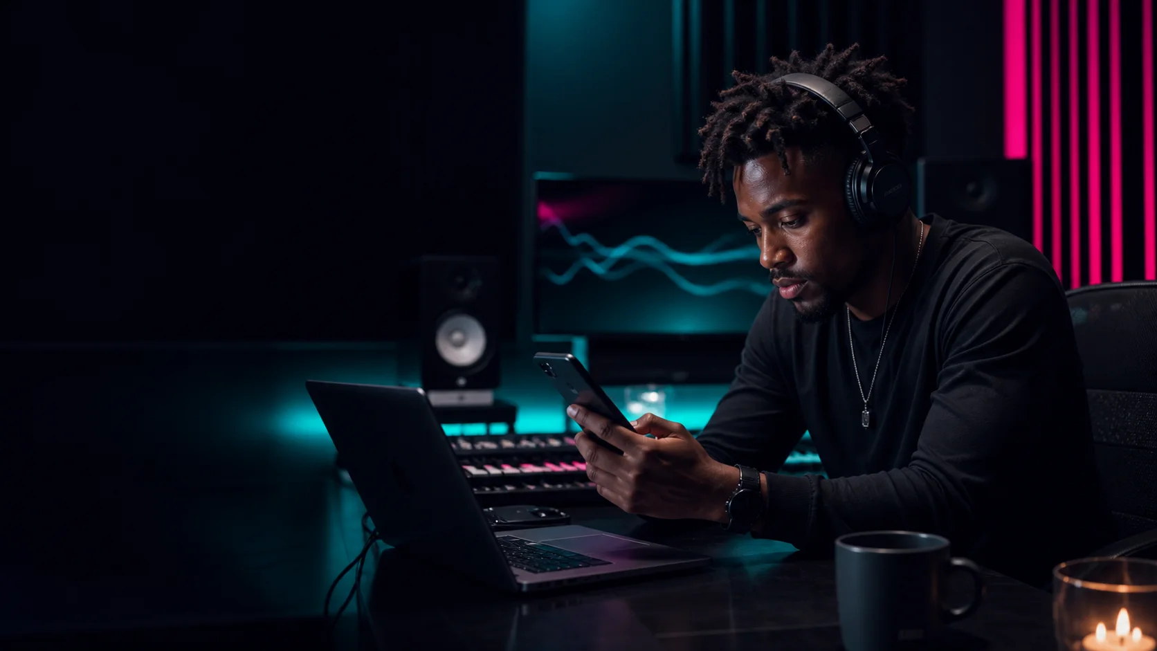 Músico independiente controla una campaña de streaming en un estudio moderno
